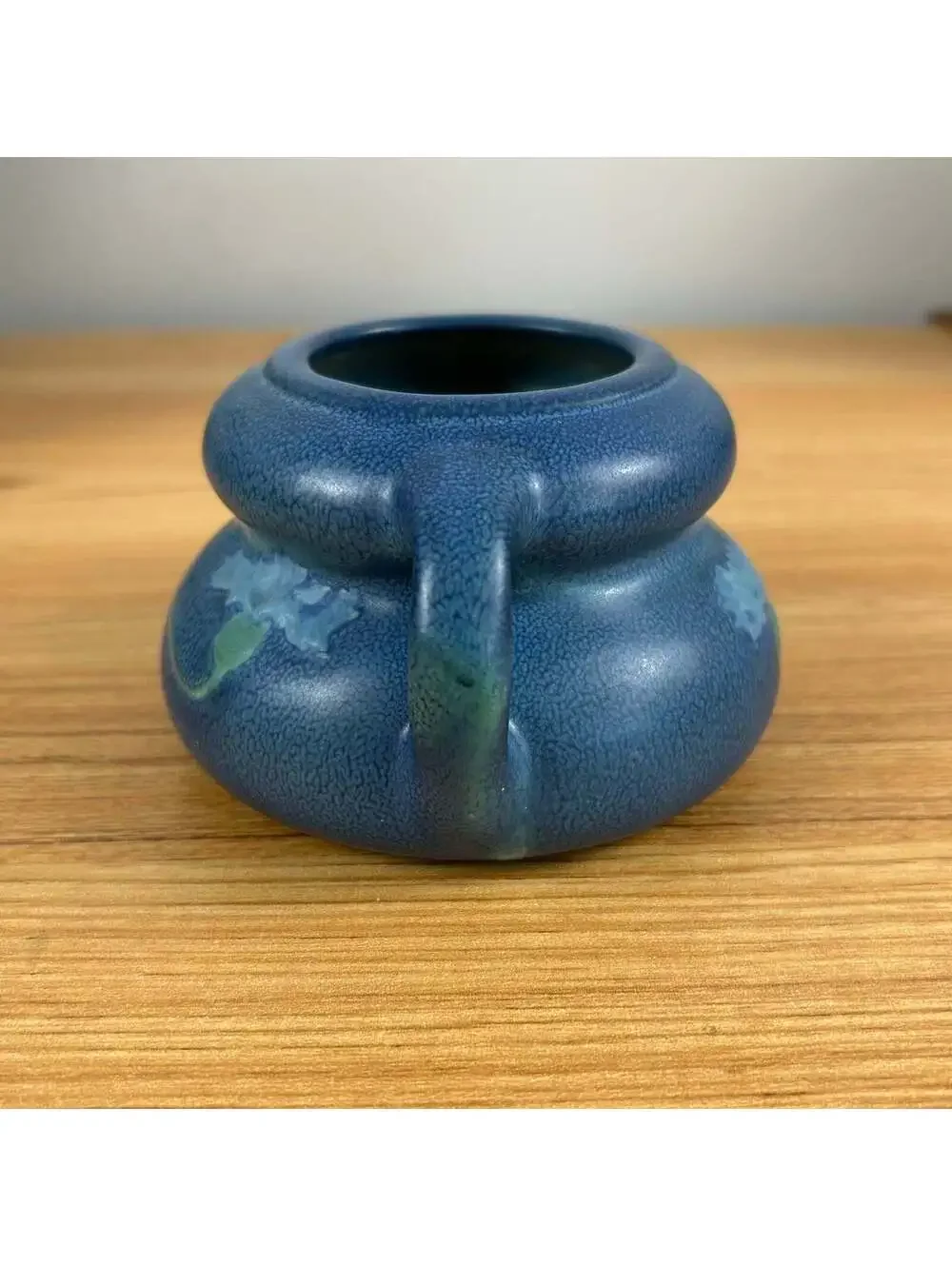 Weller Fru Russet 1900s Art Pottery Blue Mottled Glaze Floral Handled Squat Vase